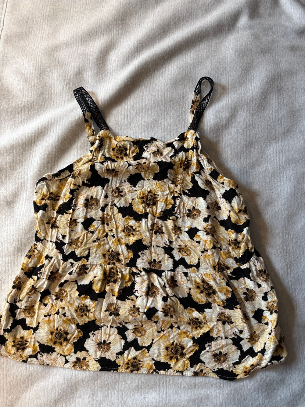 Maurices Black Floral Tank Top with Yellow and Cream Flowers